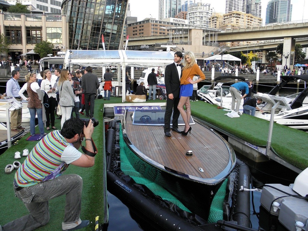 Models on the superb timber deck of the innovative Frauscher 717 GT introduced at the Sydney International Boat Show by Premier Marine. - Premier Marine © Premier Marine .